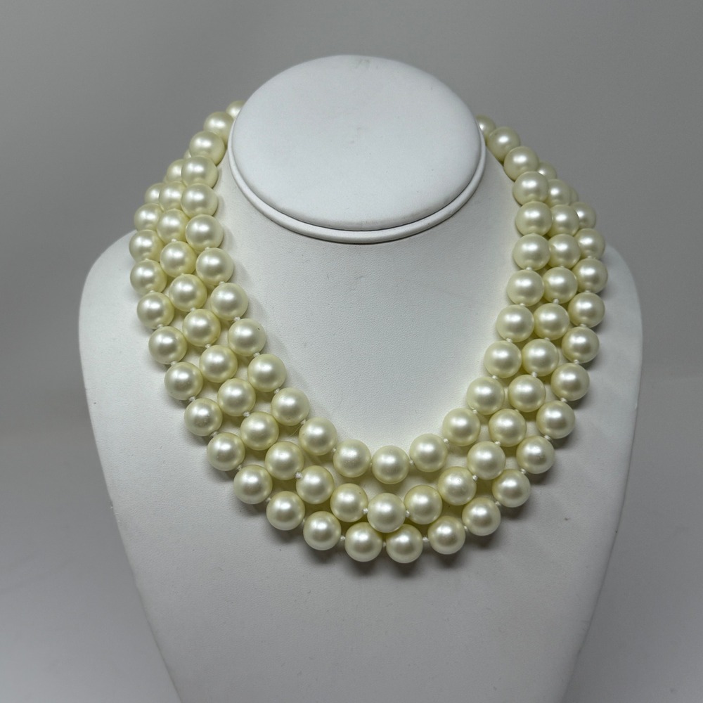 Kenneth Jay Lane 3 Row Glass Pearl Bead Necklace Pave Crystal Rhinestone Clasp